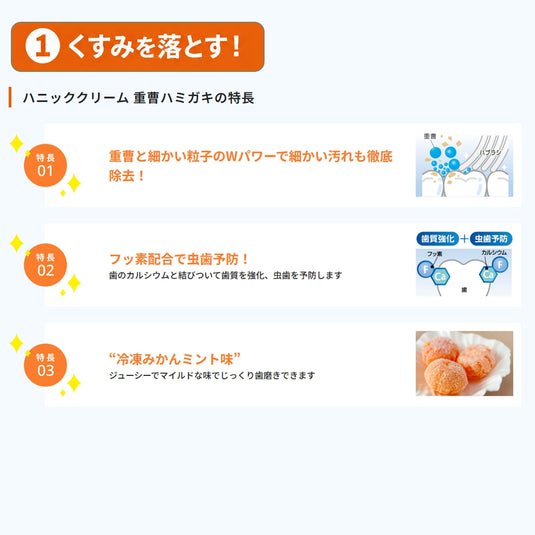 くすみを減らすセット 薬用ハニッククリーム重曹ハミガキの特長 重曹と清掃粒子で歯の着色汚れを除去