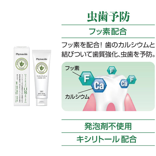 フッ素配合による虫歯予防を説明した薬用フィトンチッドハミガキのイメージ