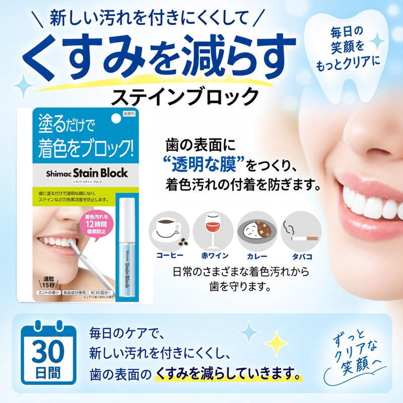 ギャラリービューアに画像をロードする, シマック ステインブロックの特長と30日間の使用で歯の表面のくすみを減らしていくイメージ
